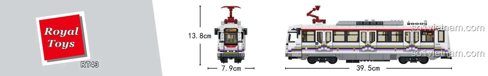 Kích thước chi tiết của Mô hình tàu điện Hồng Kông RT43, dài 39.5cm, cao 13.8cm.