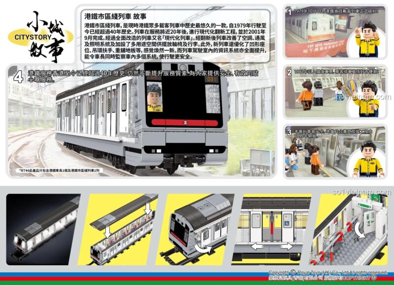Hình ảnh mô tả các tính năng nổi bật của bộ lắp ghép Tàu điện ngầm MTR Hồng Kông RT44: có đèn LED, nội thất chi tiết, mái toa tháo rời.