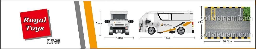 Kích thước chi tiết của đồ chơi mô hình Xe dạy lái Hồng Kông RT45, chiều dài 15cm, chiều cao 6.6cm.