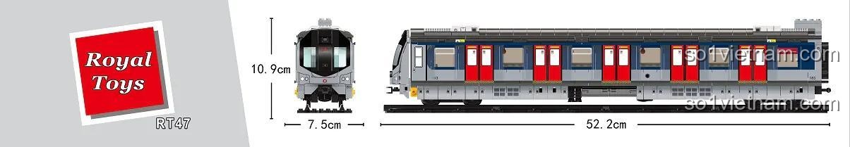 Kích thước chi tiết của mô hình tàu điện ngầm MTR Hồng Kông RT47: dài 52.2cm, rộng 7.5cm, cao 10.9cm.