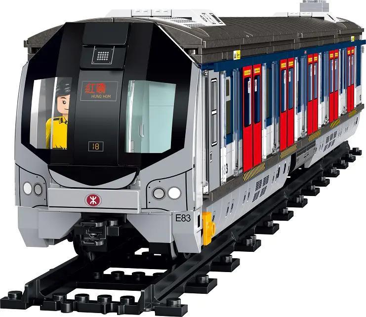 Ảnh chụp chính diện bộ lắp ghép Tàu điện MTR Tuyến East Rail Hồng Kông RT47 của Royal Toys, mô hình chi tiết với người lái tàu bên trong, phù hợp cho con trai 8 tuổi.