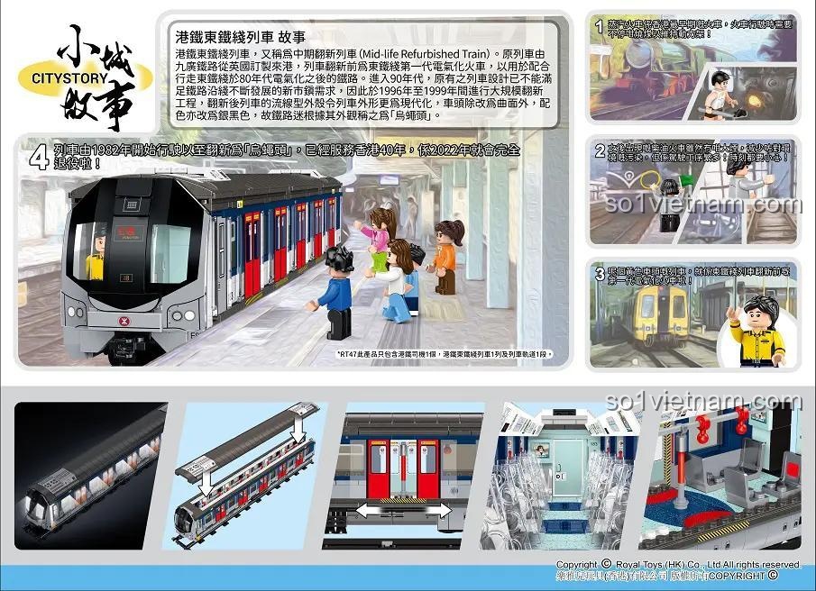 Các tính năng nổi bật của bộ xếp hình Tàu hỏa City Story RT47: đèn LED, nội thất chi tiết, và lịch sử ra đời của đoàn tàu.