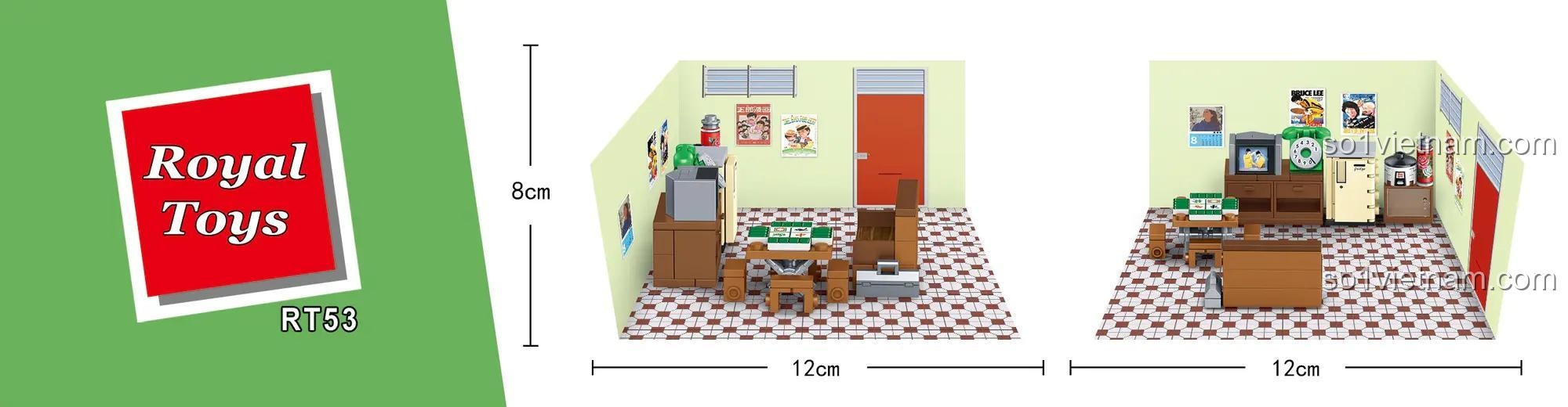 Kích thước mô hình nhà ở thập niên 80 Royal Toys RT53, 12x12x8cm, nhỏ gọn, dễ trưng bày.