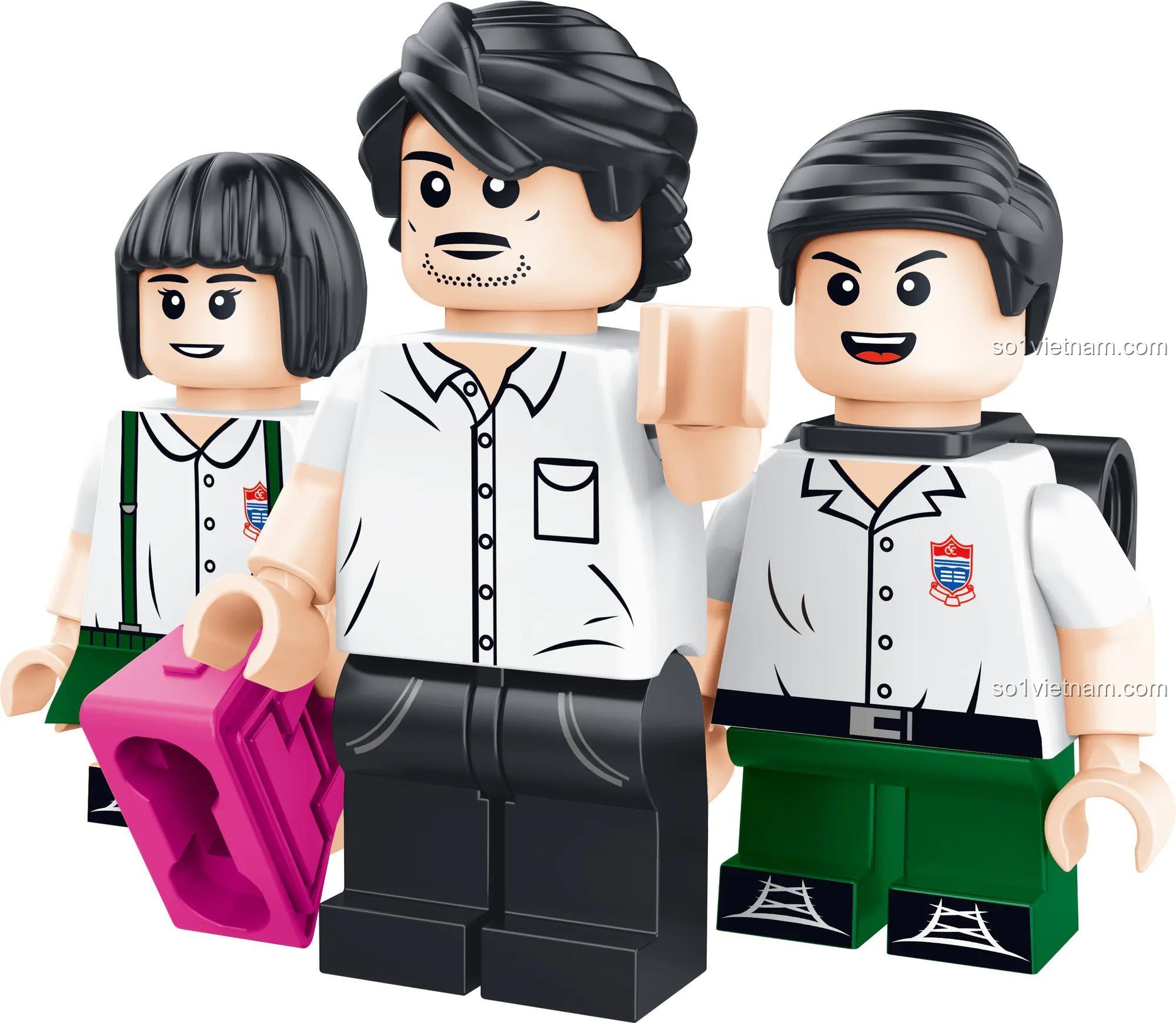 Ảnh chụp cận cảnh các minifigures trong bộ lắp ghép Mô hình trường học Hồng Kông RT54, bao gồm thầy giáo và các bạn học sinh.