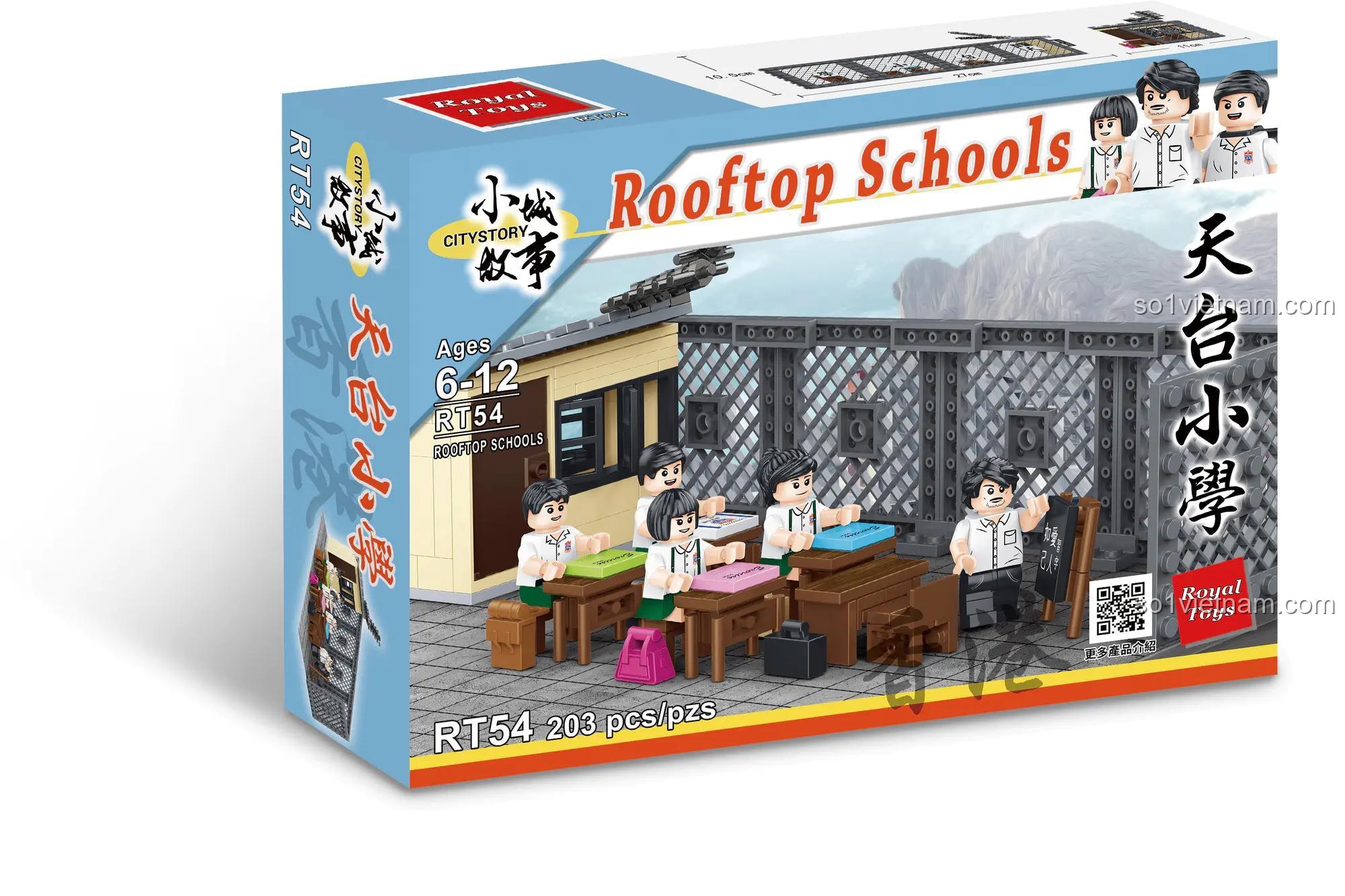 Hình ảnh 3D vỏ hộp đồ chơi mô hình Royal Toys RT54, thể hiện rõ chủ đề Lớp học hoài niệm độc đáo và số lượng 203 mảnh ghép.
