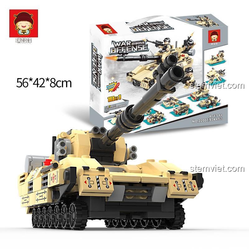 Siêu Xe Tăng Hợp Thể 10 trong 1 22007, hộp sản phẩm và kích thước 56x42x8cm, đồ chơi lắp ráp chất lượng cao