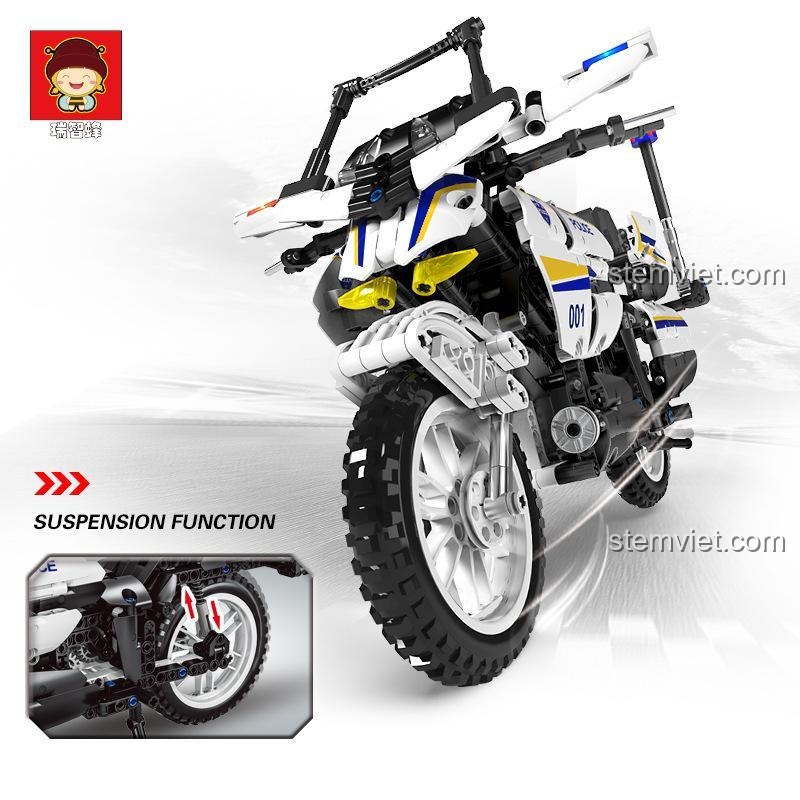 Cận cảnh hệ thống giảm xóc (phuộc nhún) của đồ chơi mô hình Xe máy Tuần tra SWAT 839, một tính năng nổi bật cho trải nghiệm chơi thực tế.