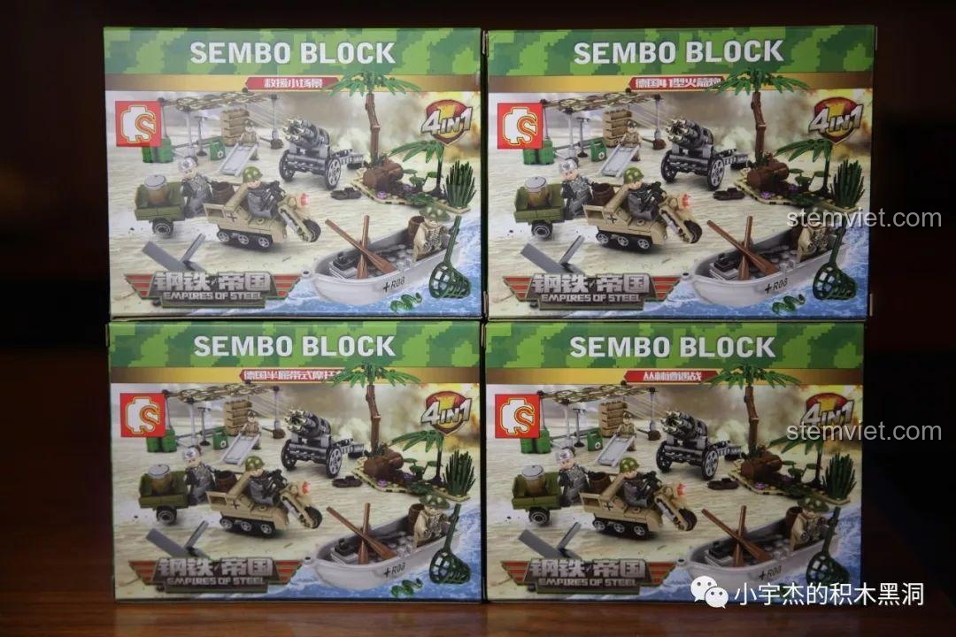 Mặt sau của các hộp đồ chơi xếp hình SEMBO 101105-101108, minh họa cách kết hợp 4 bộ thành một cảnh lớn.