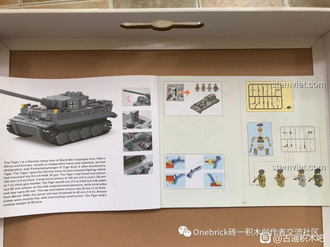 Sách hướng dẫn lắp ráp của bộ GUDI 6104 Xe tăng Tiger với thông tin giới thiệu và các bước lắp ráp.