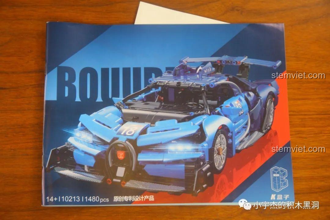 Sách hướng dẫn lắp ráp chi tiết của mô hình xe đua Bugatti KBOX 10213, in màu sắc nét và dễ hiểu.