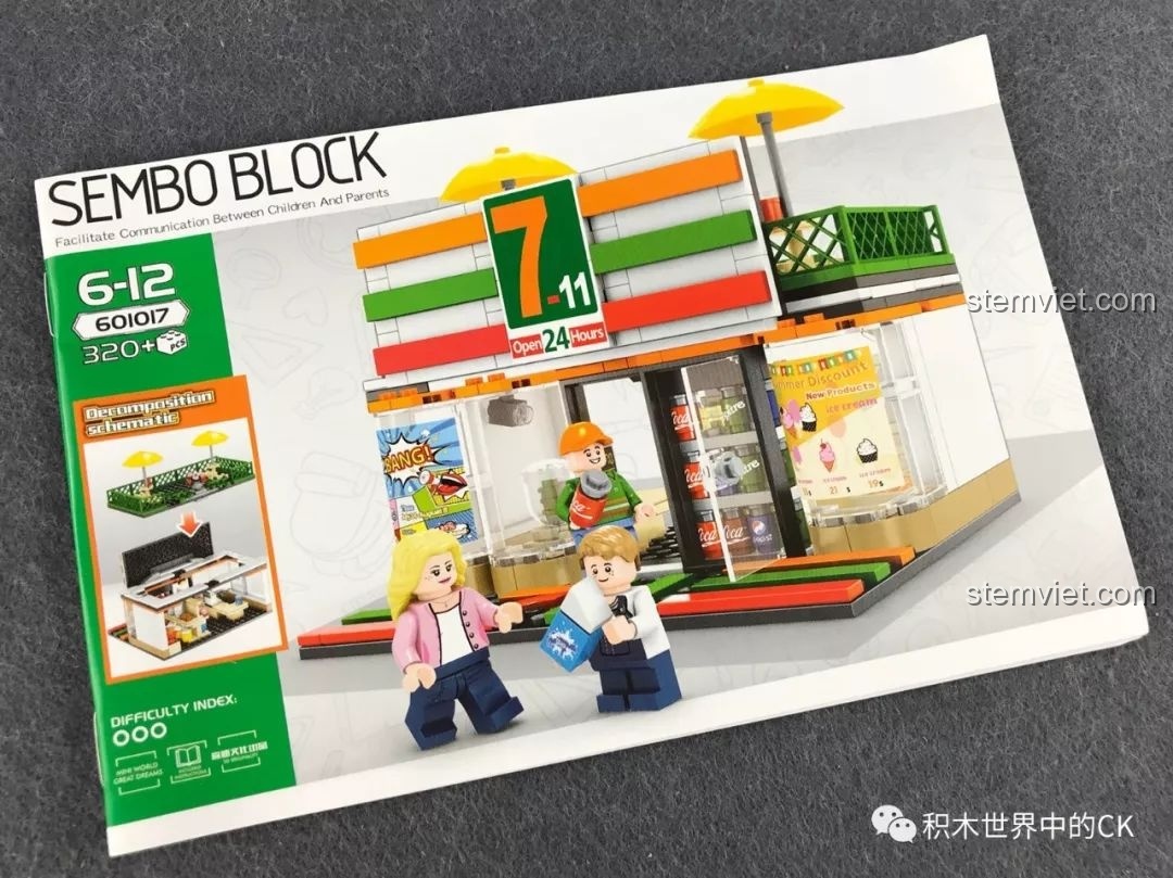 Sách hướng dẫn lắp ráp chi tiết của bộ xếp hình Cửa hàng tiện lợi 7-Eleven cho bé 6+, hình ảnh in màu sắc nét.