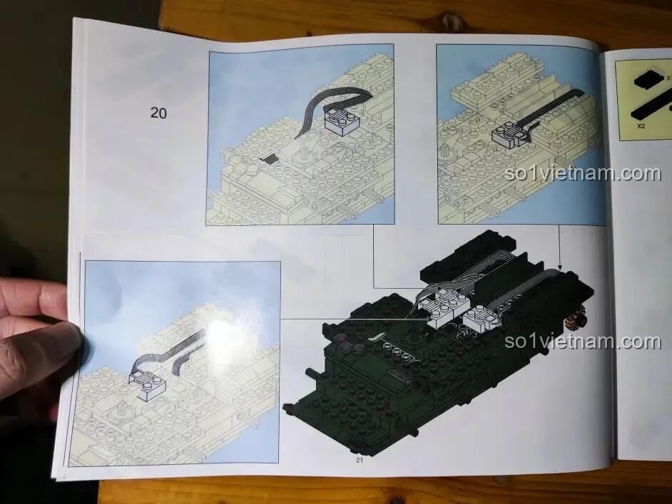 Trang sách hướng dẫn lắp ráp của bộ Sluban M38-B0850, in màu rõ nét các bước gắn dây cho bộ động cơ.