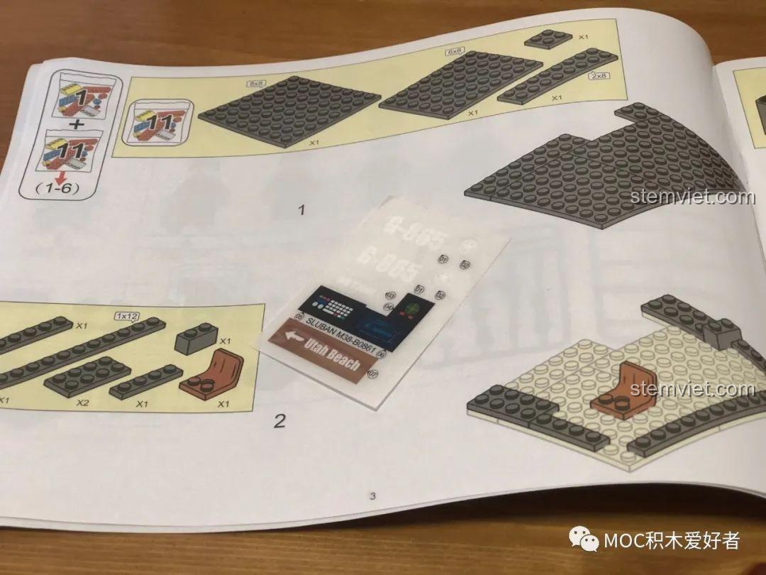 Sách hướng dẫn lắp ráp chi tiết của bộ đồ chơi Trận chiến bãi biển Utah M38B0861, có in màu rõ nét.