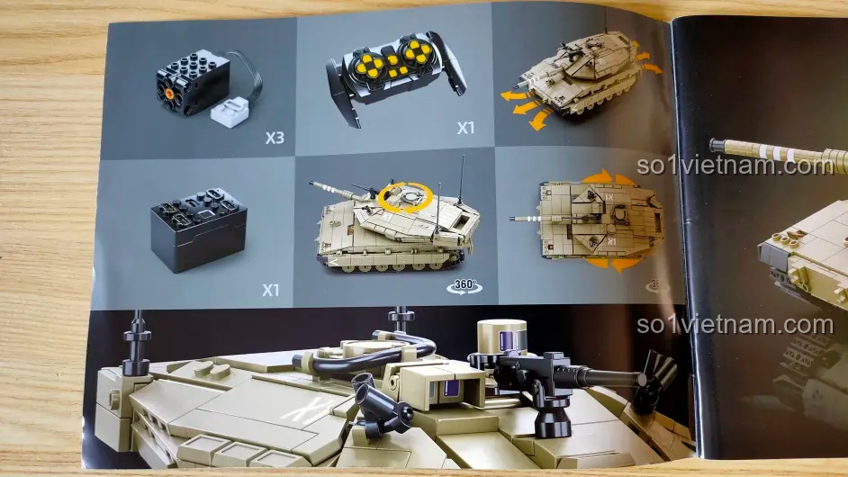 Trang hướng dẫn lắp ráp của Sluban M38-B1022 giới thiệu về bộ động cơ, pin và điều khiển từ xa đi kèm.