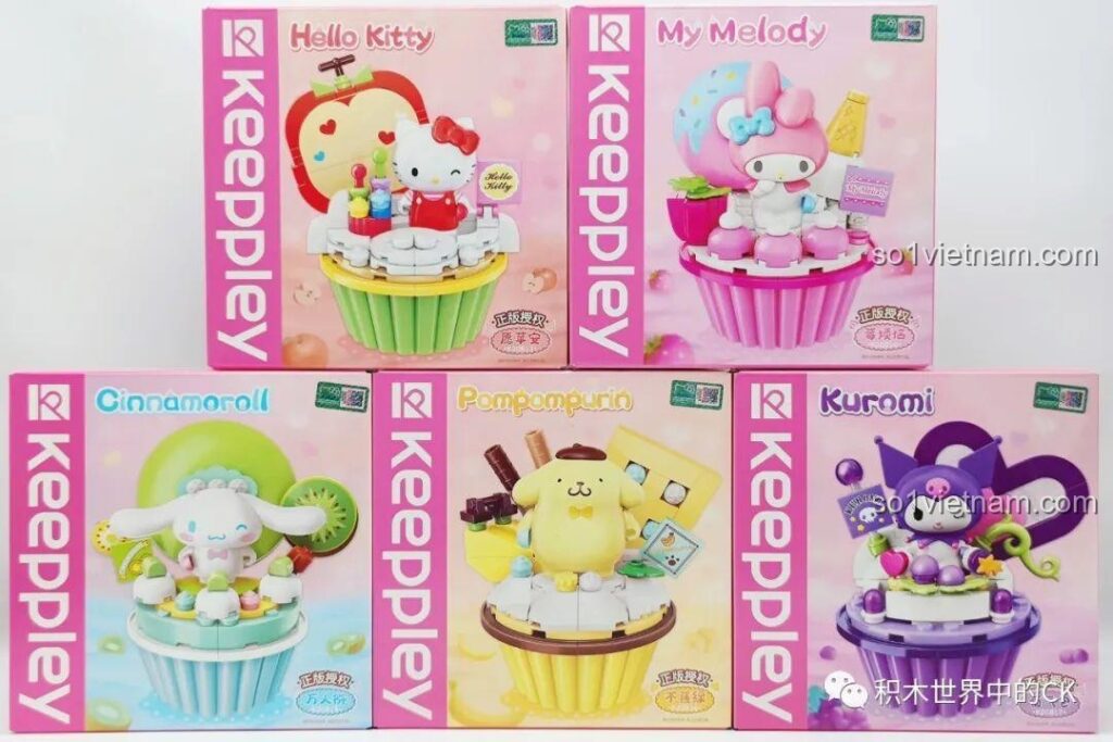 Toàn cảnh bộ sưu tập Sanrio Cupcake của Keeppley, bao gồm Hello Kitty, My Melody, Cinnamoroll, Pompompurin và Kuromi.