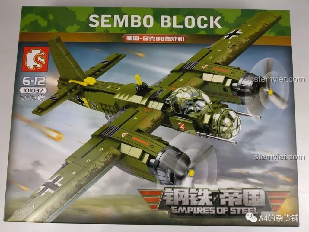 Hộp đồ chơi xếp hình SEMBO 101037 Máy bay ném bom Junkers Ju-88 với hình ảnh máy bay chiến đấu màu xanh quân đội đang bay, review SEMBO 101037 Máy bay ném bom Đức Ju-88.