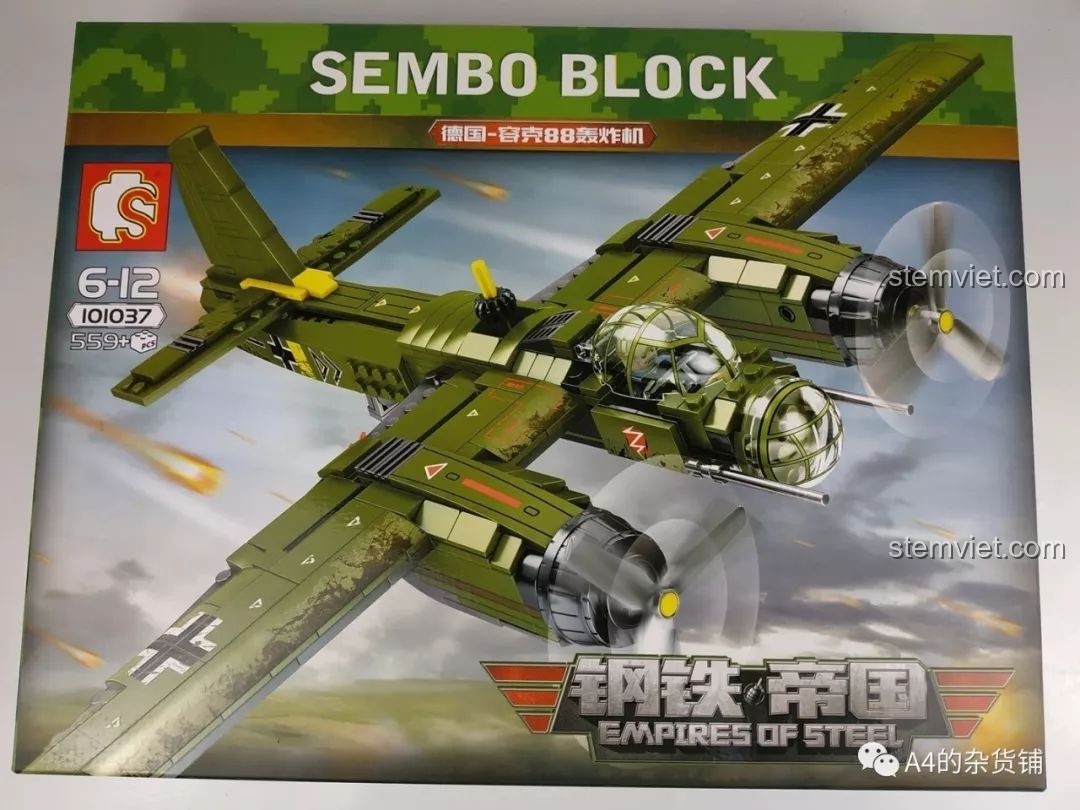 Hộp đồ chơi xếp hình SEMBO 101037 Máy bay ném bom Junkers Ju-88 với hình ảnh máy bay chiến đấu màu xanh quân đội đang bay, review SEMBO 101037 Máy bay ném bom Đức Ju-88.
