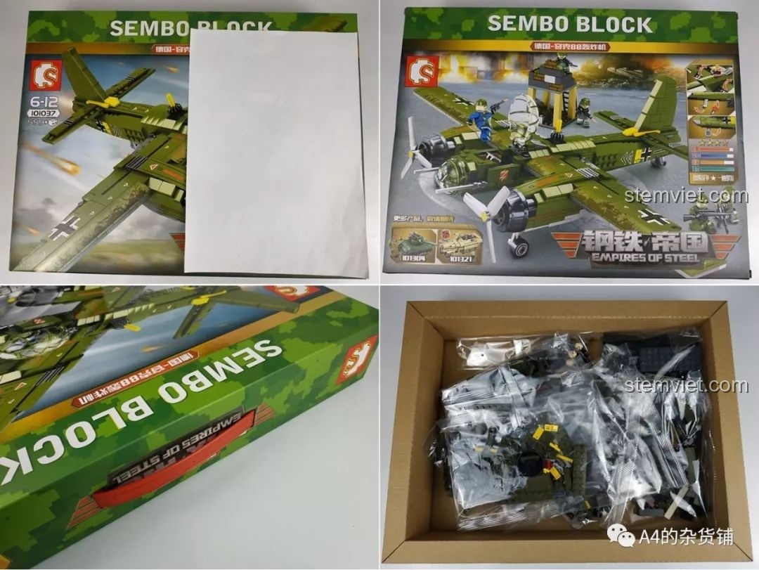 Hình ảnh mở hộp đồ chơi lắp ráp SEMBO 101037 Máy bay ném bom Junkers Ju-88, cho thấy các túi mảnh ghép bên trong, review SEMBO 101037 Máy bay ném bom Đức Ju-88.