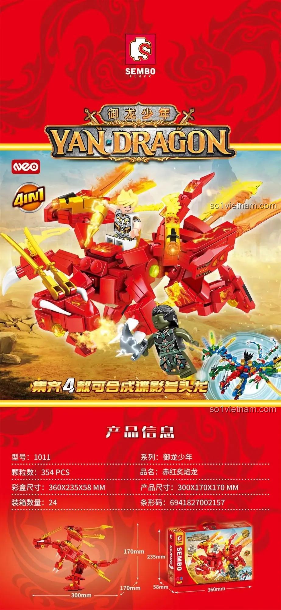 Hộp bộ đồ chơi SEMBO 1011 Ngự Long Thiếu Niên: Điệp Ảnh Tam Đầu Long, 354 chi tiết, 2 minifigures, phù hợp cho bé trai 6 tuổi, Rồng lửa Uy Lực, Lắp ráp 4 kiểu, Rồng ba đầu