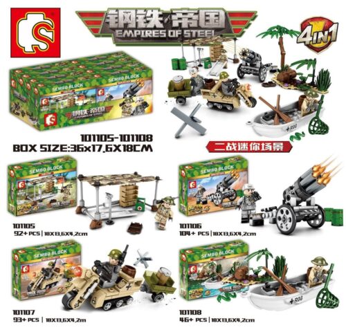Ảnh bìa bộ lắp ghép Xe mô tô bán bánh xích quân sự SEMBO 101107 và 3 mô hình khác trong cùng series Empires of Steel, đồ chơi cho bé trai 6 tuổi giá rẻ.