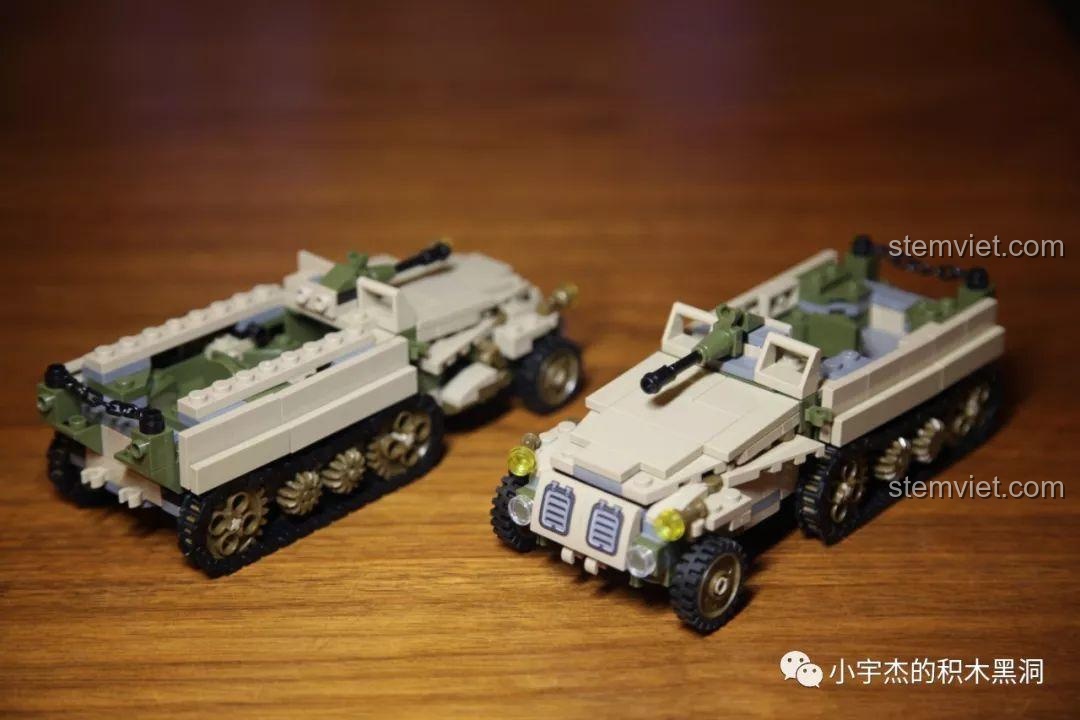 Góc nhìn khác của hai mô hình xe bán xích từ bộ đồ chơi SEMBO 101117.