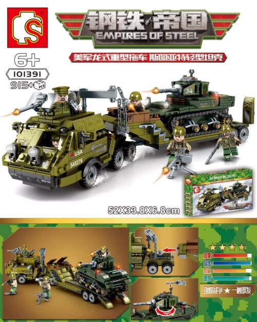 Ảnh hộp bộ lắp ráp SEMBO 101391 Xe Kéo M26 Dragon Wagon và Xe Tăng M5 Stuart, món đồ chơi quân sự cho con trai 6 tuổi.