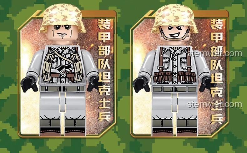 Hai minifigure lính tăng với quân phục rằn ri sa mạc từ bộ đồ chơi xây dựng Xe tăng mặt trận phía Đông.