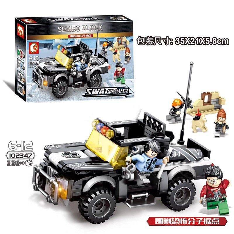 Bộ lắp ghép SEMBO 102347 Đội Đặc Nhiệm SWAT: Vây Bắt Căn Cứ Khủng Bố, xe bán tải SWAT hầm hố, 339 mảnh, phù hợp bé trai 6 tuổi, giá tốt.