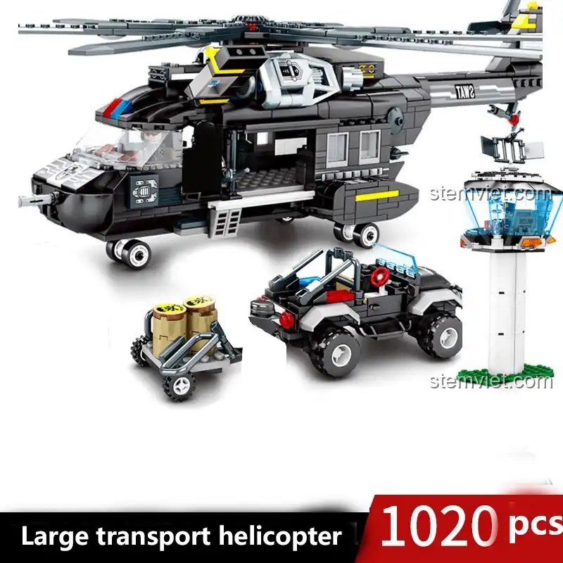 Mô hình hoàn chỉnh bộ lắp ráp SEMBO 102387 gồm trực thăng vận tải Black Hawk, xe tuần tra đặc nhiệm và đài chỉ huy. Đồ chơi mô hình Biệt đội SWAT chất lượng cao.