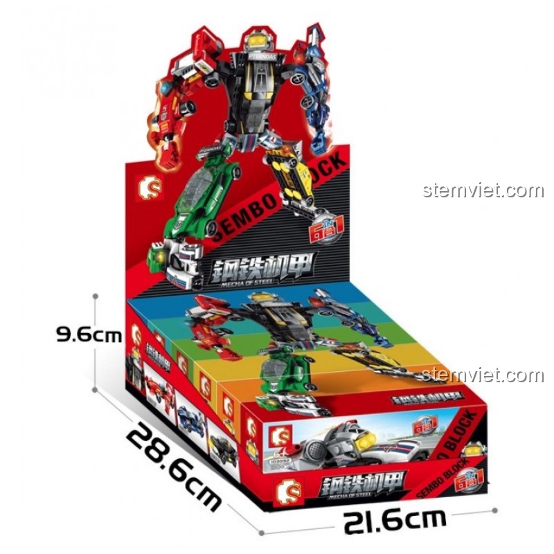 Hình ảnh thực tế bộ đồ chơi lắp ghép Vua Đua Xe Biến Hình Sembo, gồm hộp trưng bày và 6 hộp xe nhỏ.