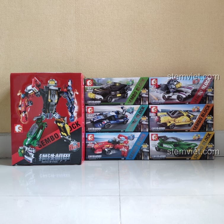 Mô hình Robot Hợp Thể Mecha of Steel Sembo 103087-103092 hùng vĩ được tạo thành từ 6 chiếc siêu xe đua.