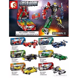 Tổng quan bộ lắp ráp Sembo 103087-103092 Mecha of Steel, bao gồm robot hợp thể và 6 xe đua riêng lẻ. Đồ chơi sáng tạo cho bé trai 6 tuổi.