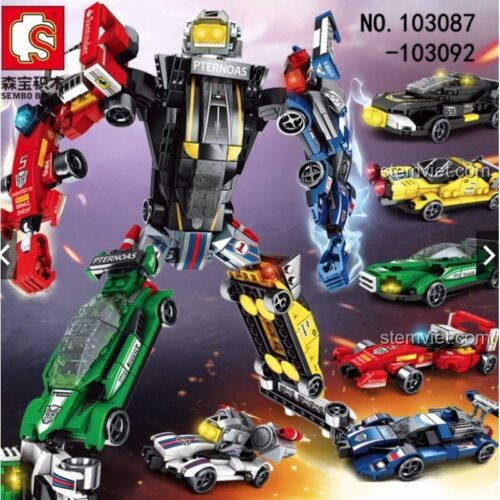 Cận cảnh 6 mẫu xe đua trong bộ đồ chơi mô hình Sembo 103087-103092, mỗi xe có một thiết kế và màu sắc độc đáo, giá rẻ.