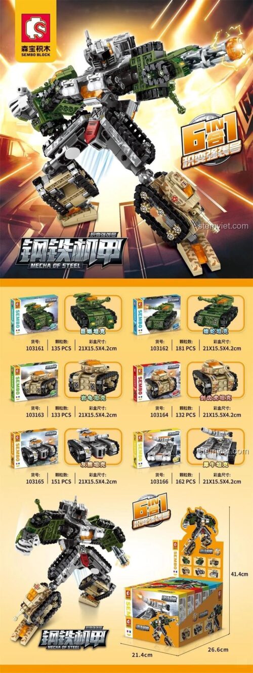 Hộp đồ chơi lắp ráp Robot biến hình SEMBO 103164 thể hiện kích thước mô hình robot chiến đấu và các xe tăng biến hình nhỏ, phù hợp cho bé trai 6 tuổi.