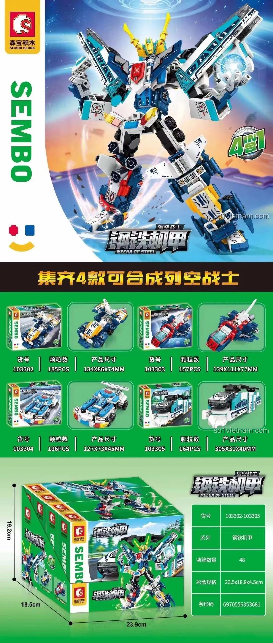 Hộp tổng bộ lắp ghép SEMBO 103302-103305 Robot Biến Hình Chiến Binh Thép Lie Kong, 702 chi tiết, kích thước hộp lớn cho bé trai 6 tuổi