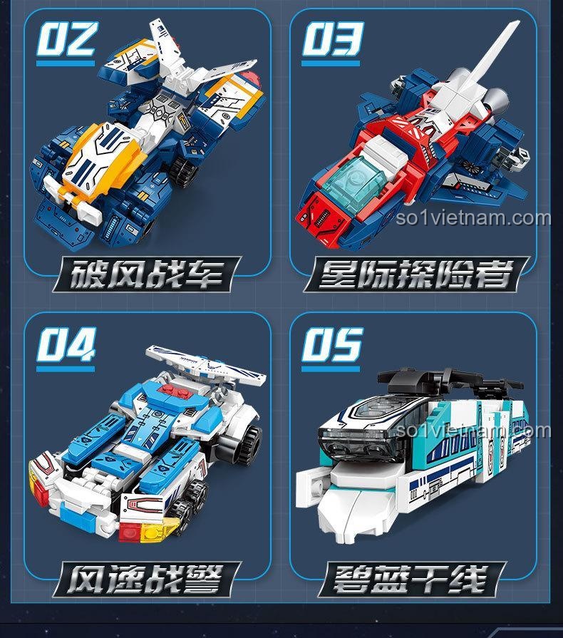4 mẫu xe nhỏ trong bộ lắp ghép SEMBO 103302-103305 Mecha Thép Chiến binh Liekong, có thể kết hợp thành robot lớn.
