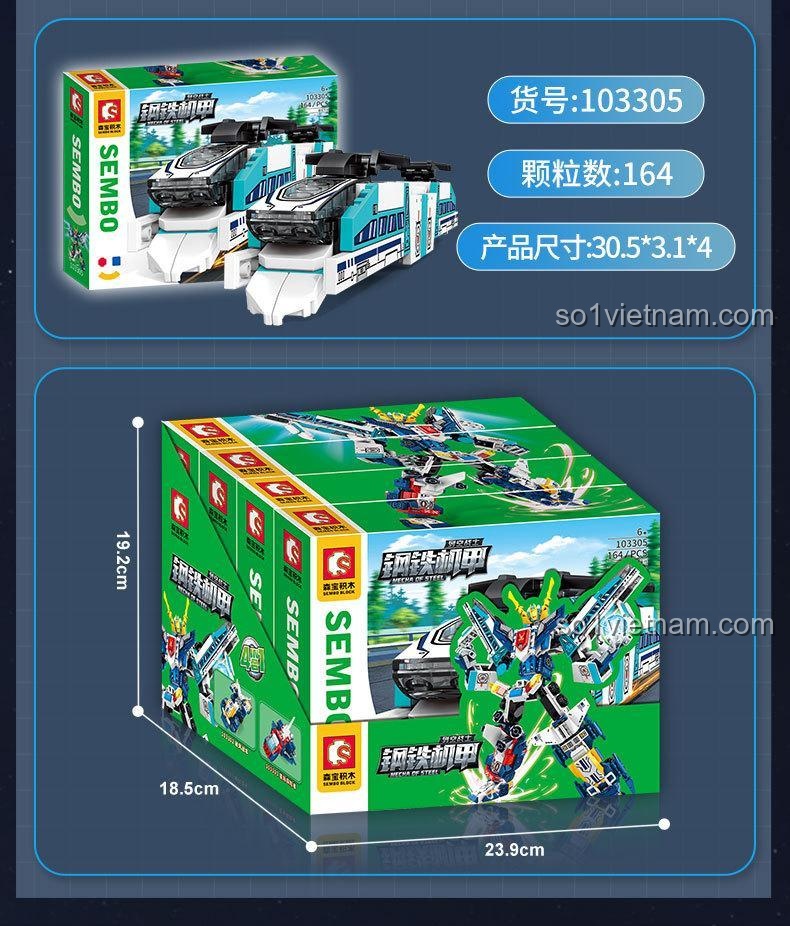 Thông tin sản phẩm SEMBO 103302-103305 Mecha Thép Chiến binh Liekong, bao gồm tên, độ tuổi, chất liệu và mã số.