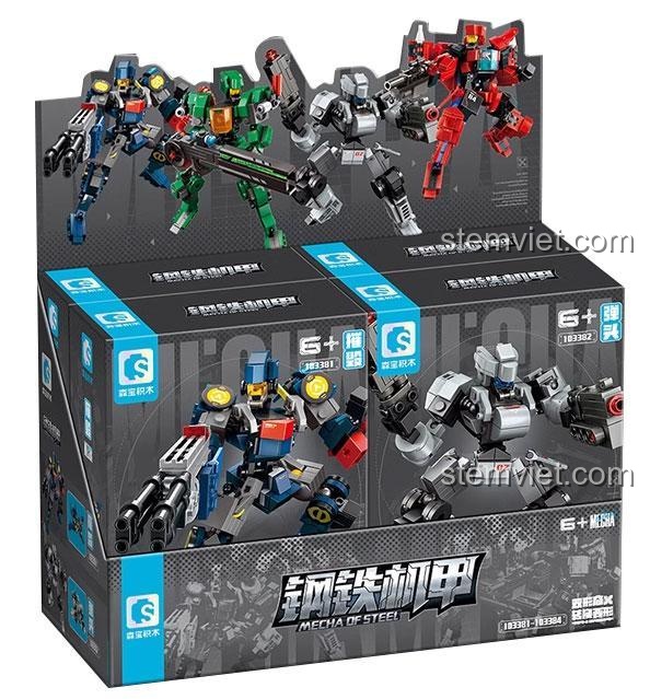 Ảnh thể hiện kích thước chi tiết của bộ đồ chơi Robot Biến Hình 2 trong 1 103381 ở cả hai dạng robot và máy bay, cùng kích thước hộp.