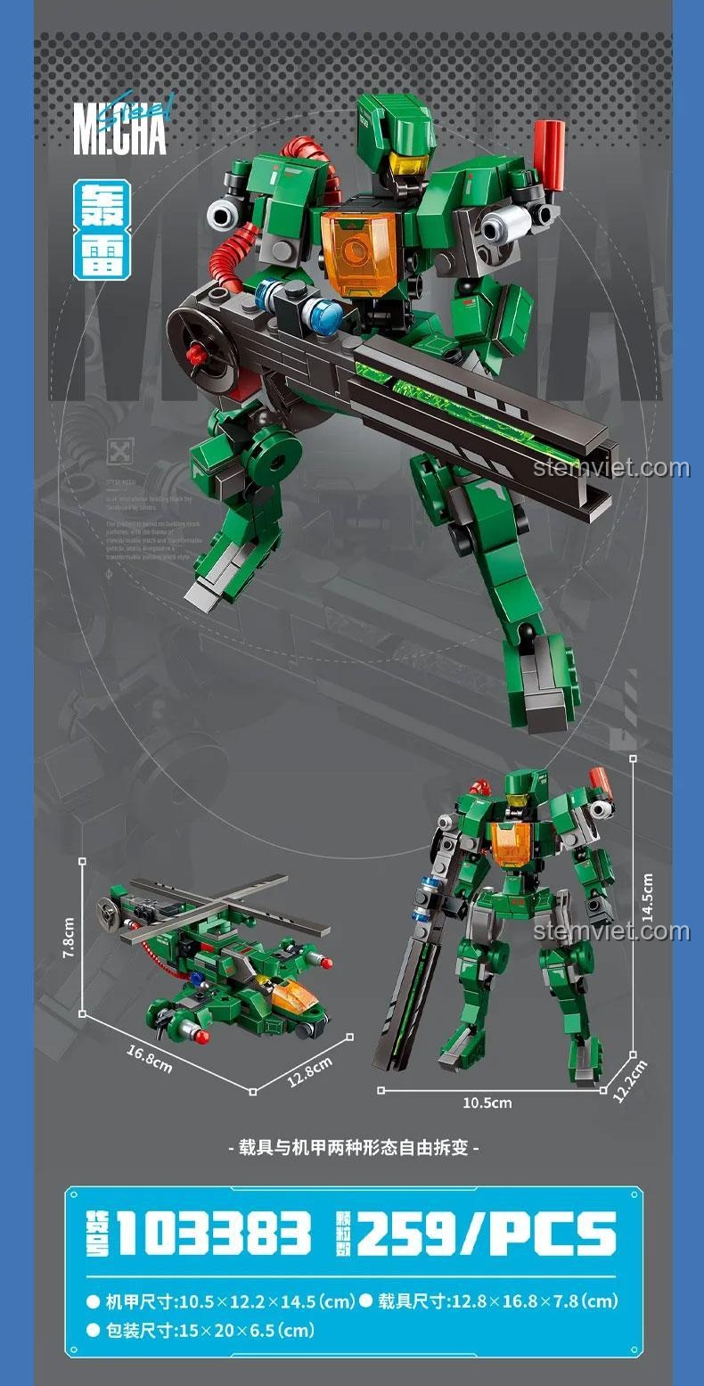 Ảnh thể hiện kích thước của bộ xếp hình Robot Biến Hình 2 trong 1 SEMBO, một lựa chọn quà tặng sáng tạo cho con trai.