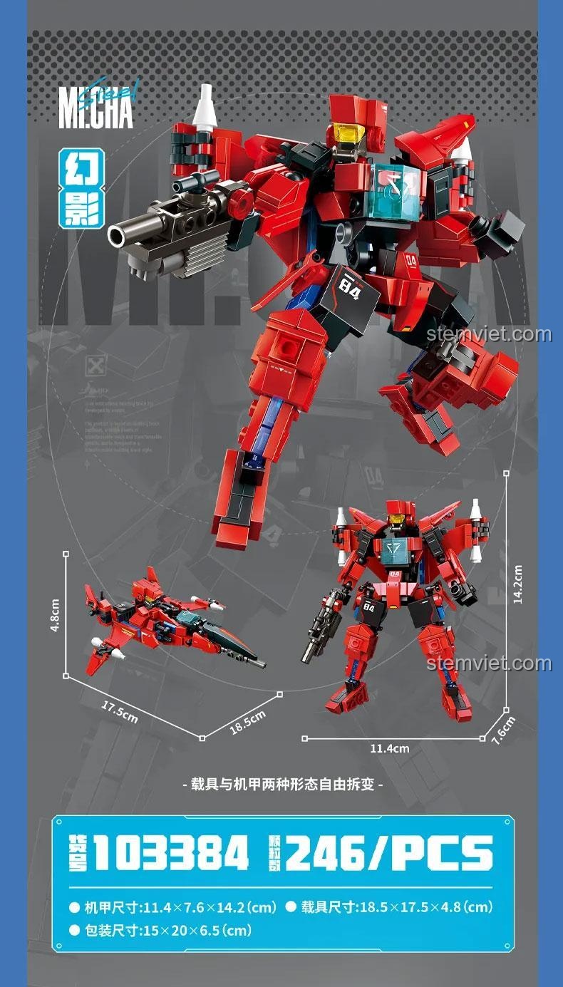 Kích thước chi tiết của bộ lắp ghép Robot Biến Hình Phantom 103384, lắp được 2 kiểu robot và máy bay.
