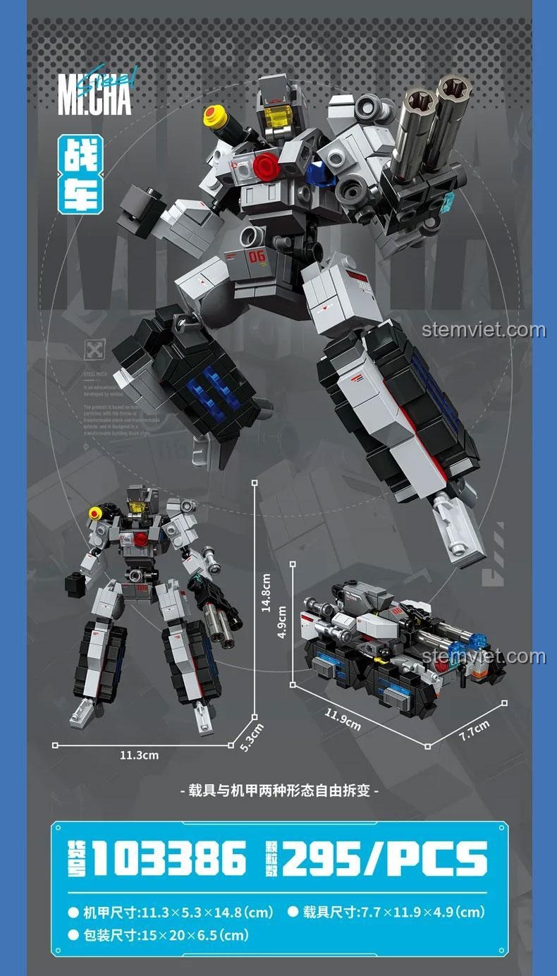 Kích thước chi tiết của Robot Biến Hình Xe Tăng SEMBO 103386, bộ lắp ghép 295 mảnh.