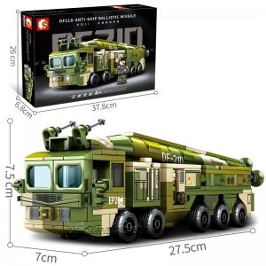 Bộ lắp ráp xe tải tên lửa DF-21D Sembo 105507, đồ chơi mô hình quân sự cho bé trai 8 tuổi, giá rẻ. Ảnh thể hiện kích thước chi tiết của mô hình và hộp sản phẩm.