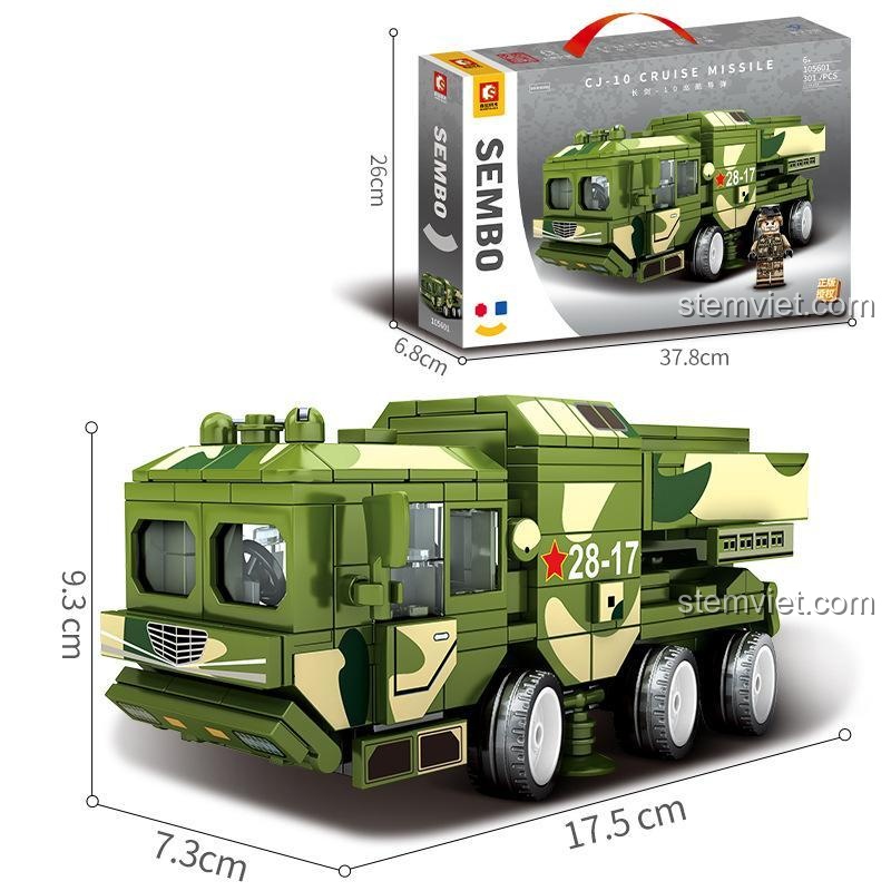 Kích thước đồ chơi mô hình SEMBO 105601 Xe Tải Quân Sự Chở Tên Lửa CJ-10, món quà ý nghĩa cho con trai.