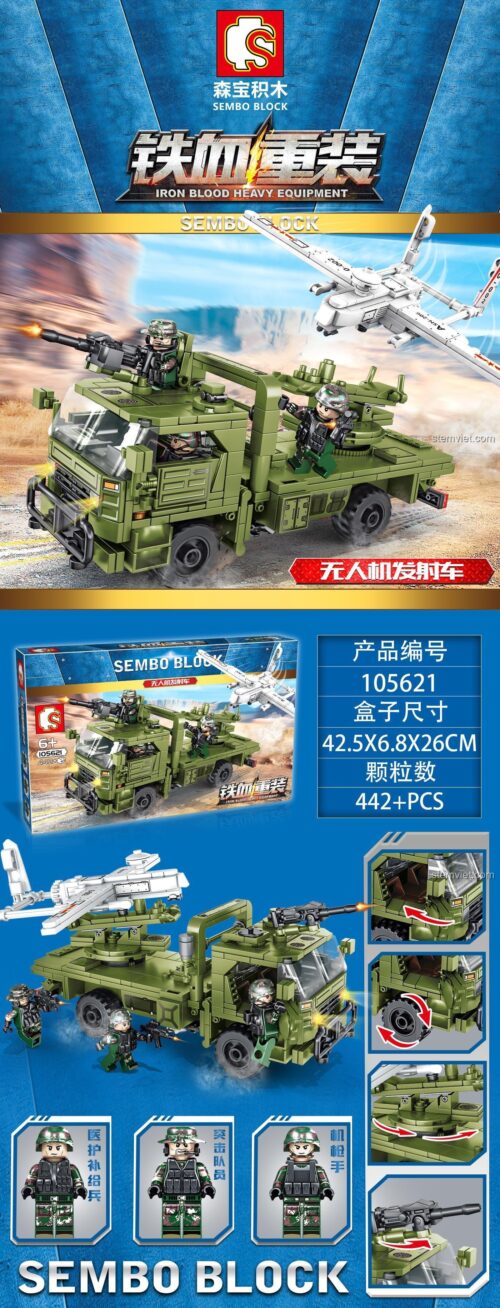 Hộp đồ chơi SEMBO 105621 Xe Tải Quân Sự Phóng UAV, bộ lắp ghép xe quân đội 442 mảnh, chất lượng cao.