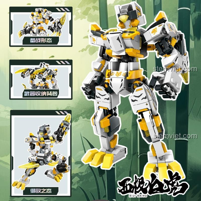 Poster quảng cáo đồ chơi lắp ghép Robot Bạch Hổ 106062, nhấn mạnh vào các chi tiết và tư thế chiến đấu.