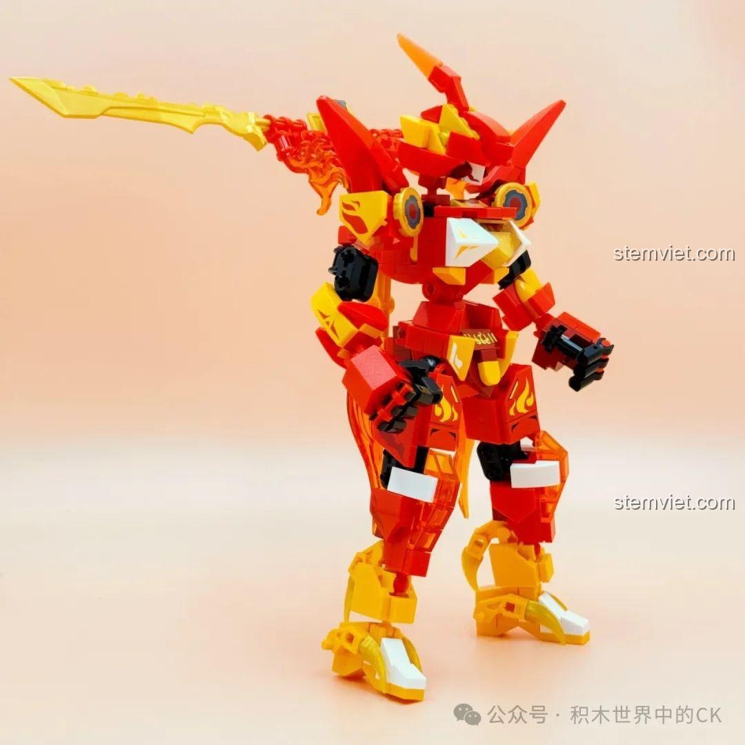 Robot Thần Thú Chu Tước bộ lắp ghép SEMBO 106064 với hai vũ khí, thể hiện khả năng biến hình linh hoạt, 395 mảnh, màu đỏ vàng, cho bé trai 6 tuổi, giá trị cao.