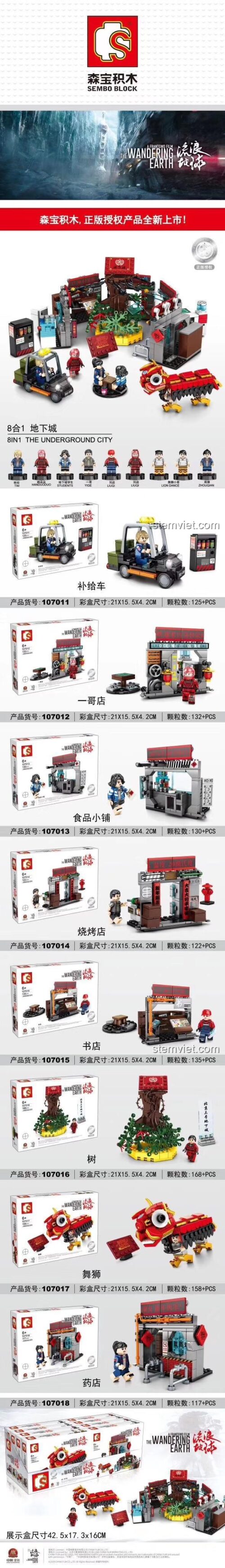 Poster giới thiệu đồ chơi xếp hình SEMBO 107011 chủ đề Cảnh phim The Wandering Earth với 8 mô hình riêng lẻ.
