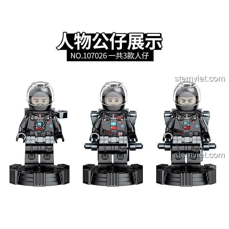 Cận cảnh 3 minifigures cảnh sát chi tiết cao đi kèm bộ đồ chơi mô hình Xe Cẩu Mỏ SEMBO 107026, tăng thêm trải nghiệm nhập vai.
