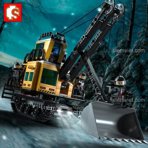 Đồ chơi lắp ráp SEMBO 107026 Xe Cẩu Mỏ Lưu Lạc Địa Cầu với 3 minifigures cảnh sát đang hoạt động trên địa hình tuyết.