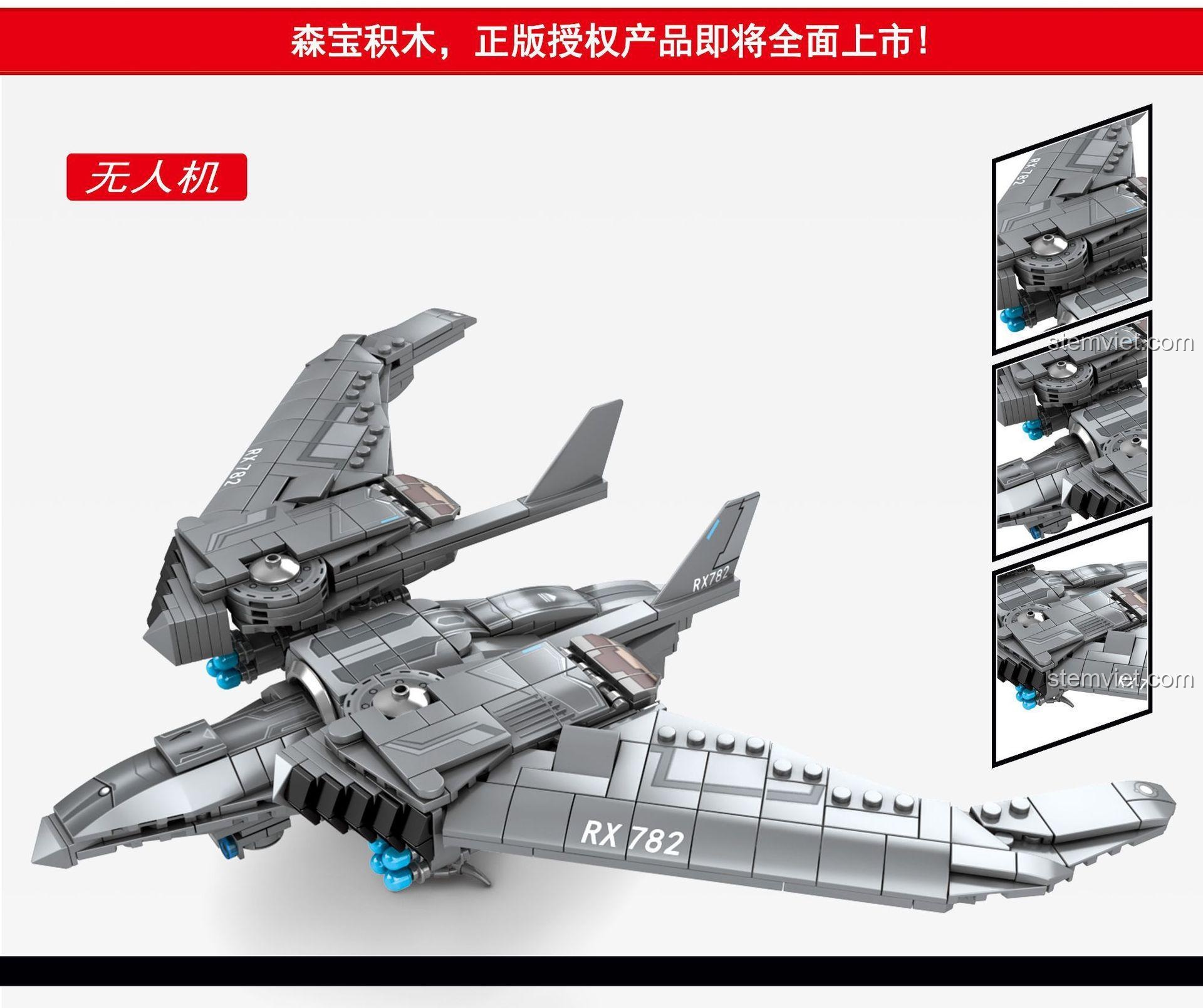 Đồ chơi mô hình SEMBO 107062 Máy bay không người lái Shanghai Fortress, bộ đồ chơi lắp ráp máy bay chiến đấu màu xám, chất lượng cao